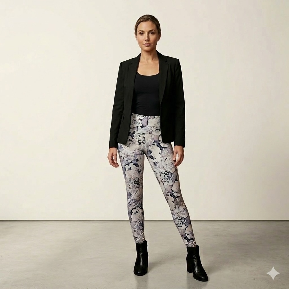 Varley Leggings Womens XS Gray White‎ Floral Print High Rise Yoga Activewear
